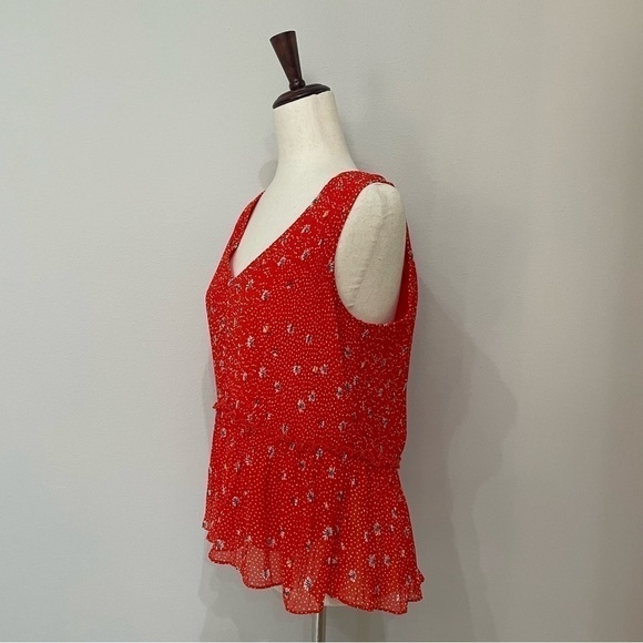 ZARA Red Floral Daisy Printed Pleated Sleeveless Blouse V-Neck Top Size Small - Picture 6 of 14